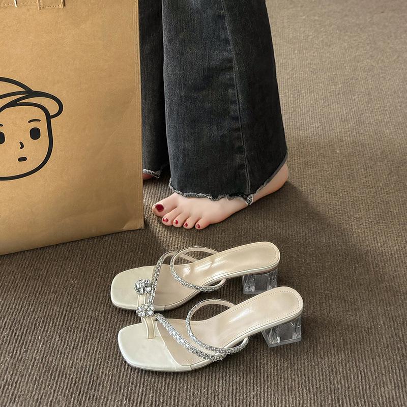 High Heels Women's Outer Wear 2025 Summer New Versatile Rhinestone Thick Heel Crystal Sandals Toe Cool Slippers Women's Shoes