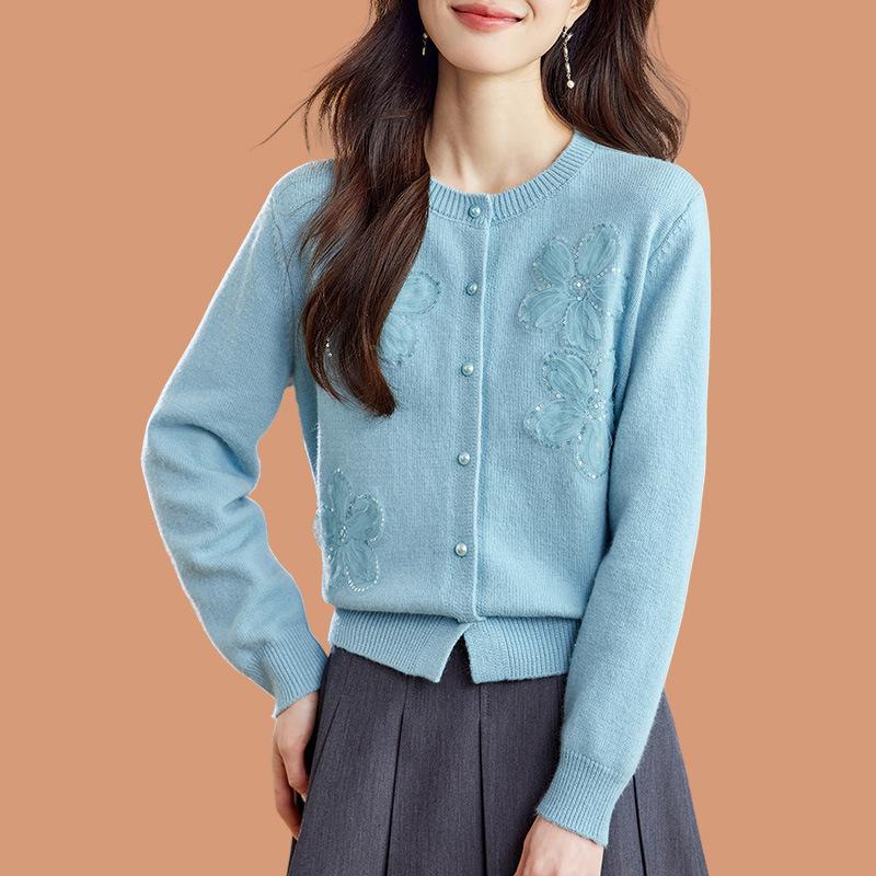 

Женский осенне-зимний новый вязаный кардиган с круглым вырезом, кружевными цветами, пайетками и бисером, верхняя одежда, свитер, пальто, топ OneSize светло-синий