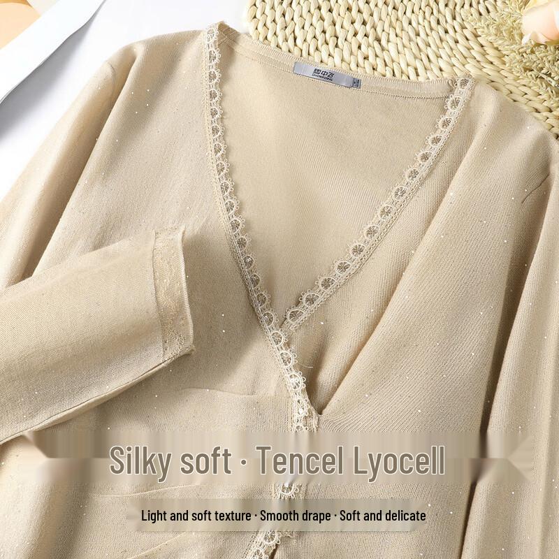 Snowflying Women s Lace Sequin V-Neck 7/4 Sleeve Lyocell Knit Top 2XL