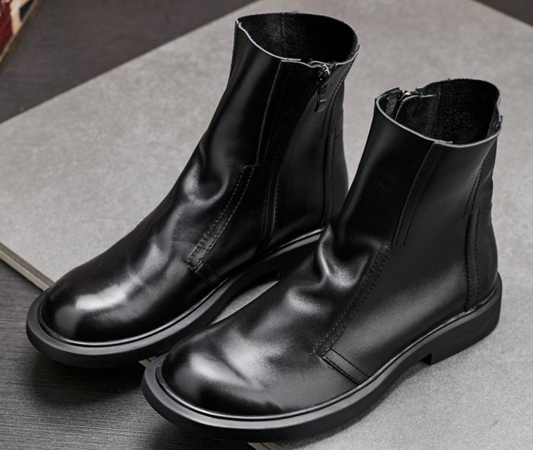 Classic Genuine Leather Autumn Winter Plush High Top Zip Chelsea Motorcycle Black Ankle Boots Men'S Fashion Shoes