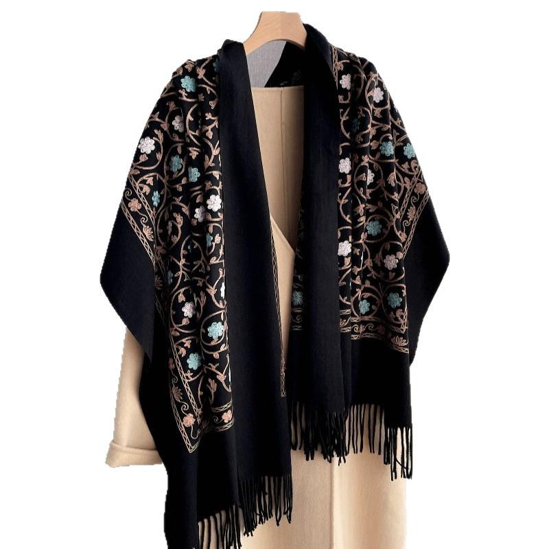 Pattern embroidery flower imitation cashmere scarf shawl ethnic style travel thickened warm cape cape long towel fringed woman
