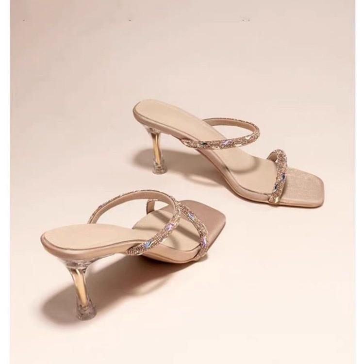 2025 summer new rhinestone one-word strap high heel half-drag women's sandals high heels thin heel transparent casual slippers
