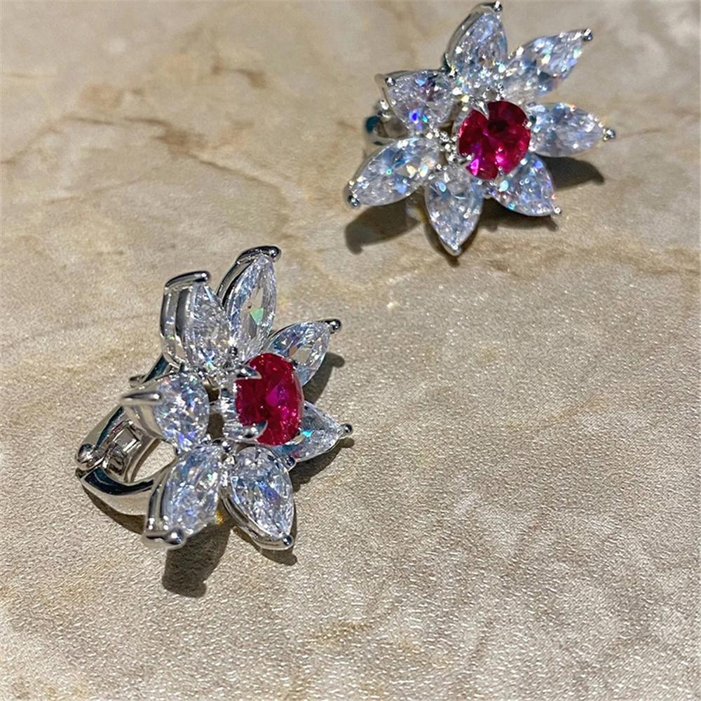 Female White Red Zircon Stone Flower Hoop Earrings Vintage Fashion Silver Color Wedding  For Women
