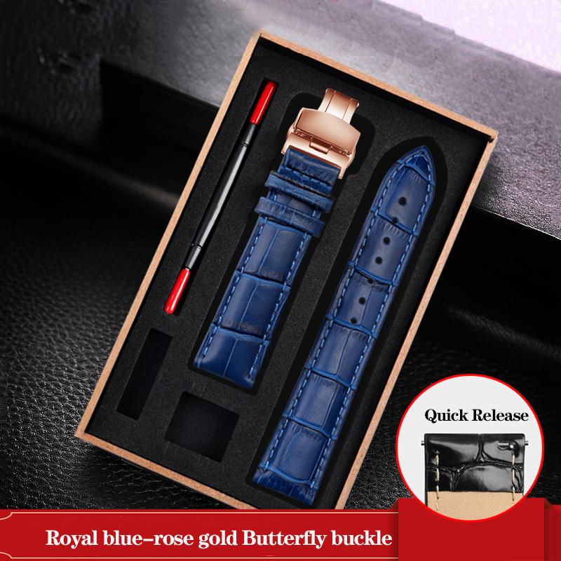 Leather Watchband Black Blue Cowhide Strap Butterfly Buckle Fits All Brands of Watches Men Women 12/14/15/16/18/19/20/22/23mm