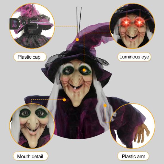 Halloween Flying Witch Decoration Outdoor Hanging Witch Statue with Light Large Screaming Witch Prop for Garden Yard Lawn Decor