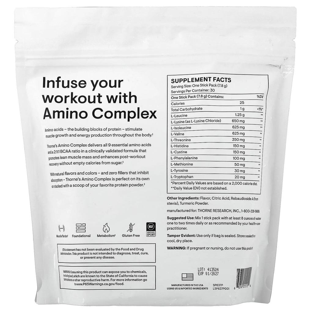 Thorne Amino Complex, Lemon, 30 Stick Packs, 7.8g (0.28oz) Each