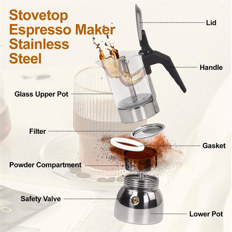 A27F-450Ml 15Oz 9 Cup Moka Pot Glass Clear Thickened Stainless Steel Stovetop Espresso Maker Italian Coffee Machine