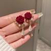 Vintage Rose Pearl Ear Studs Geometric Autumn Winter Earring Wine Red New Year Earring  Party