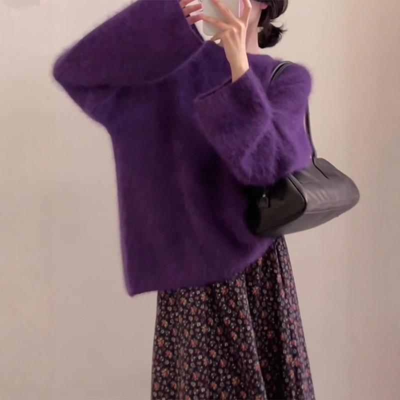 Autumn and winter imitation mink soft waxy loose purple plush round neck long-sleeved sweater knitted sweater base outer wear