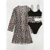 Leopard Print Scoop Neck Bikini With Long Sleeve Kimono Cover Up 3 Piece Set Swimsuits, Women's Swimwear & Clothing