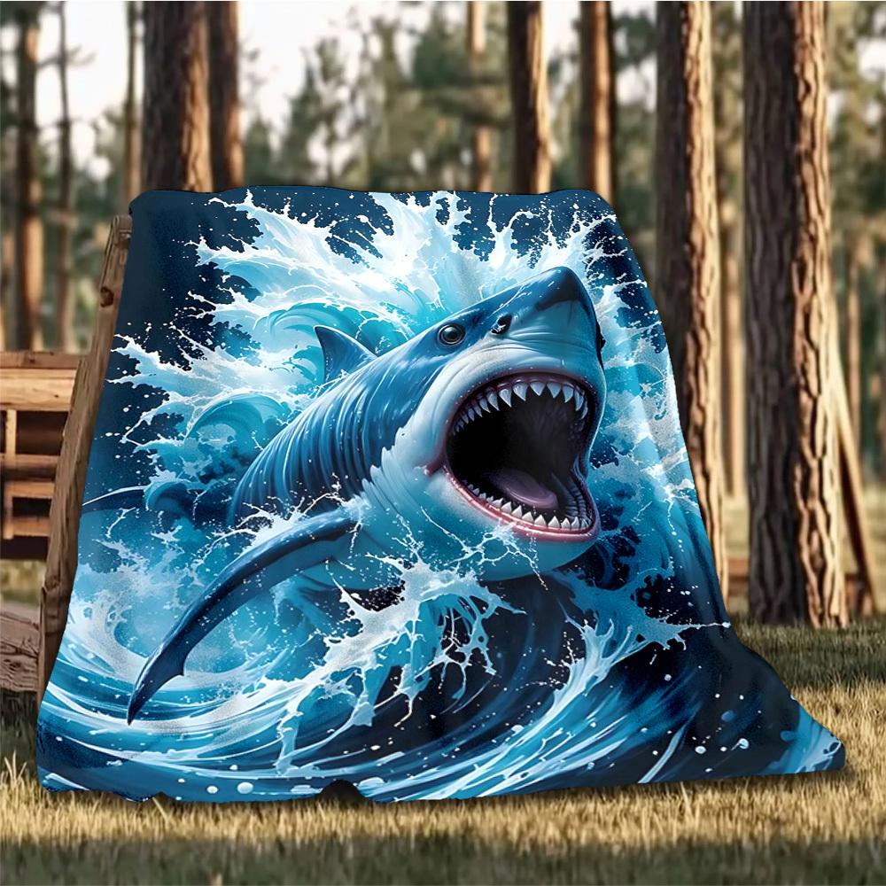 1pc Shark Attack Print Outdoor Blanket, Lightweight Polyester,