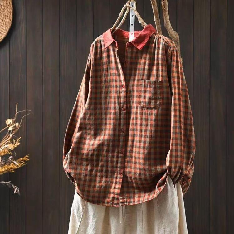 Johnature Vintage Plaid Shirts for Women Long Sleeve Spring Blouses with Turn Down Collar and Button Pockets