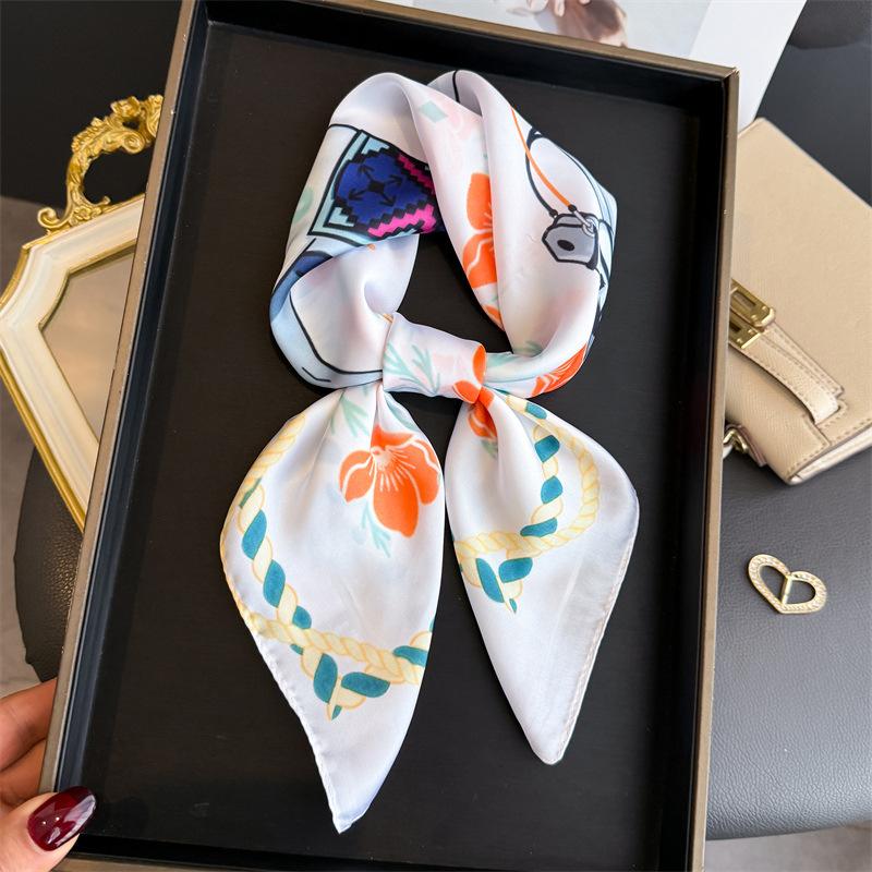 Floral Printed Silk Like Square Scarf For Women Summer Sun Protection