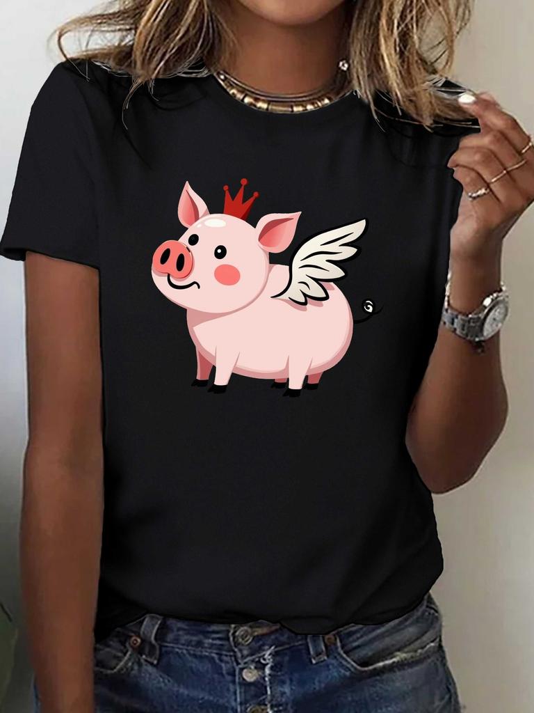 Womens Flying Pig with Crown Graphic TShirt Harajuku Short Sleeve Casual Clothing Street Tops Tees Aesthetic Clothes