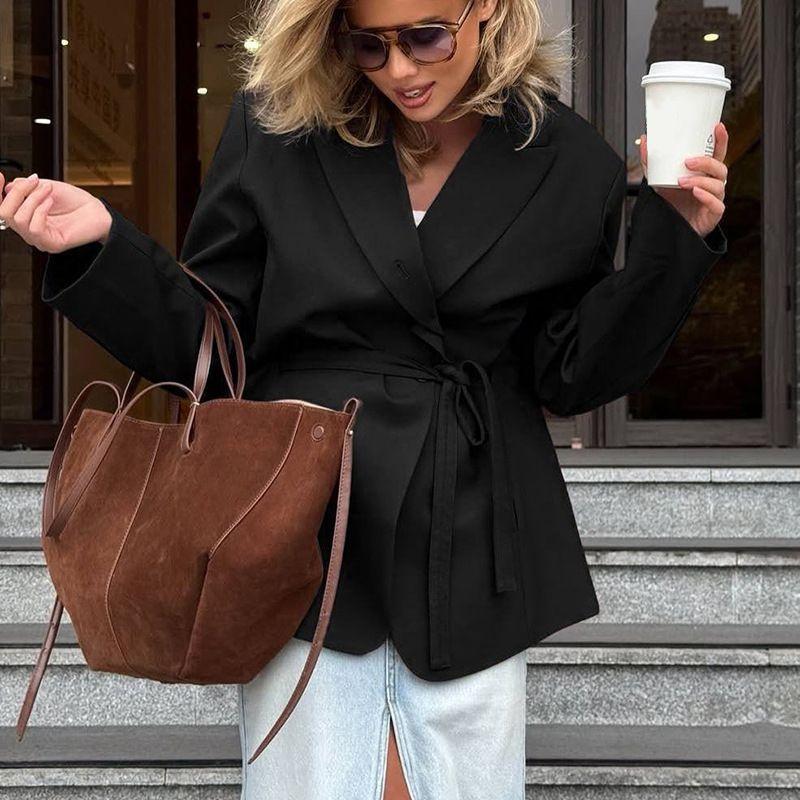 

Западный стиль Новая мода Повседневный топ Свободный Однотонный На шнуровке Блейзеры Свободный Костюм на шнуровке Black 2XL