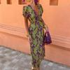 Women's V Neck Short Sleeve Midi Dress Slim Mid Rise Floral Maxi Dress Polyester Summer Wrap Dress