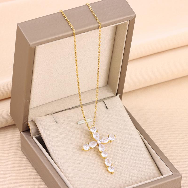 New Super Shining Zircon Crystal Cross Pendant Necklaces For Women Trendy Female Stainless Steel Neck Chain Jewelry