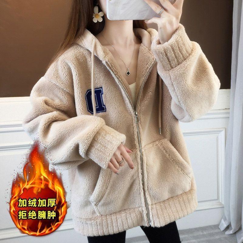 

Осень и зима новая куртка из короткого гранулированного флиса из овечьей шерсти женская свободная флисовая утолщенная кофта женская 3XL 160-87.5kg