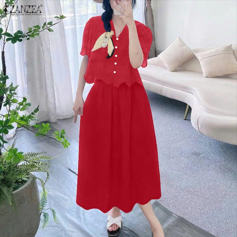 ZANZEA Women Short Sleeve Crochet Blouse and Long Skirts Summer Two Piece Sets
