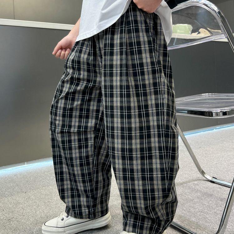 

Летние клетчатые брюки для мальчиков, тонкие, свободные, повседневные брюки, модные и крутые брюки с защитой от комаров 170 чёрный