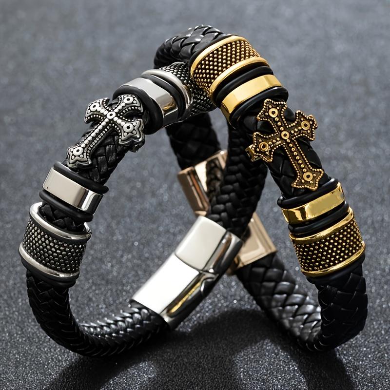 1Bohemian faux leather men's bracelet Vintage Stainless Steel Engraved Cross Holiday Bracelet Unique religious faith bracelet Fashion Jewelry