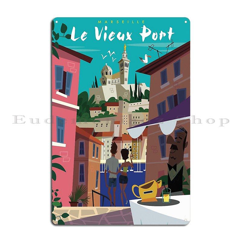 

Marseille Le Vieux Port Poster Metal Plaque Poster Rusty Kitchen Vintage Character Kitchen Tin Sign Poster 20x30cm（7.8x11.8inch）