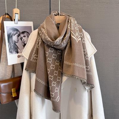 Autumn and Winter Double C Pattern Jacquard Scarf Personalized Exquisite Portrait Badge Scarf Thickened Warm Long Shawl