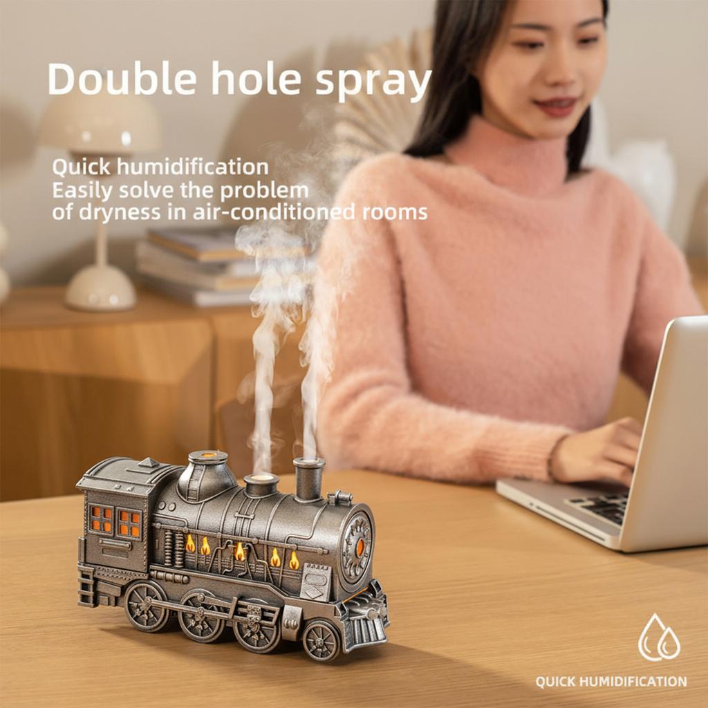 300ML Vintage Steam Train Air Diffuser Humidifier with 2-Color LED Light Air Humidifier with Remote Control for Office Bedroom