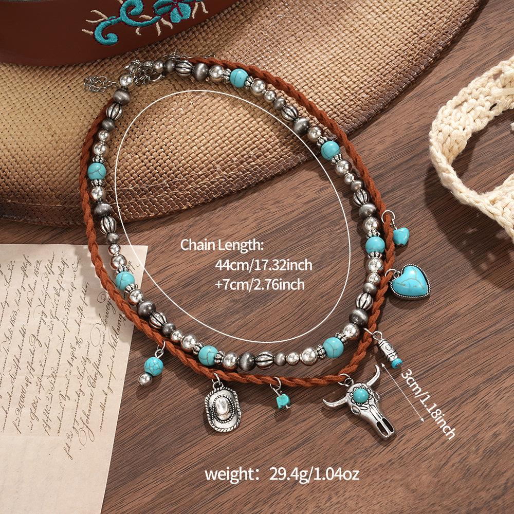 

European and American Buckle Velvet Turquoise Inlaid Double-layer Neck Chain Western Denim Style Retro Bull Head Necklace разноцветный