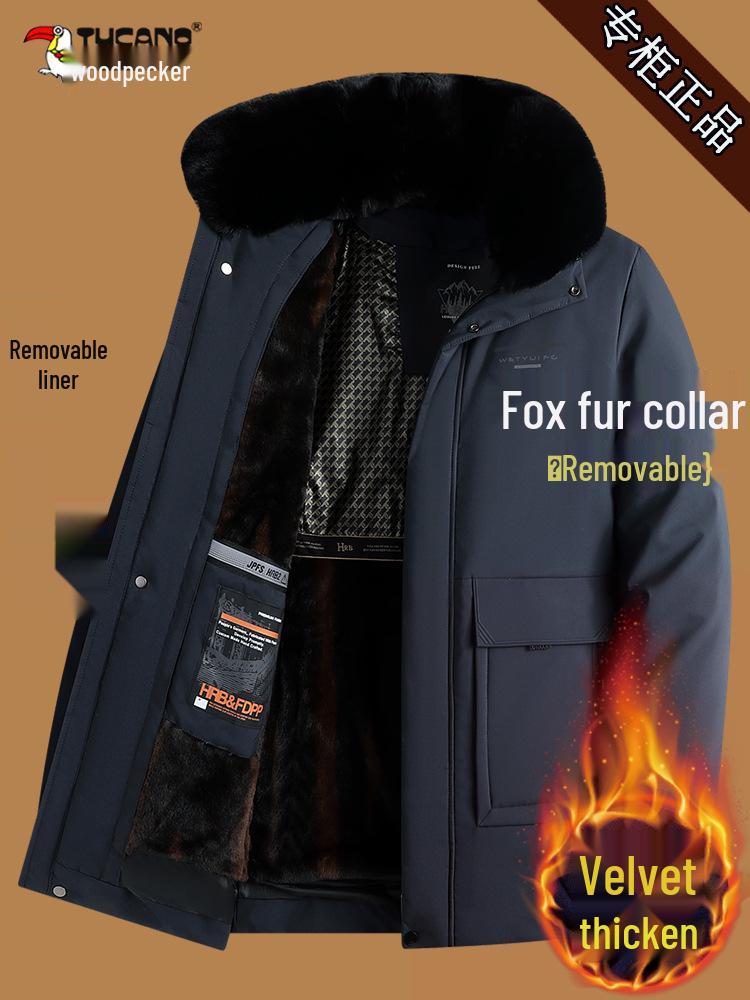 Men's Woodpecker Plus Velvet Mid-length Jacket with Hood, Detachable Liner, Cotton Winter Coat for Middle-aged and Elderly