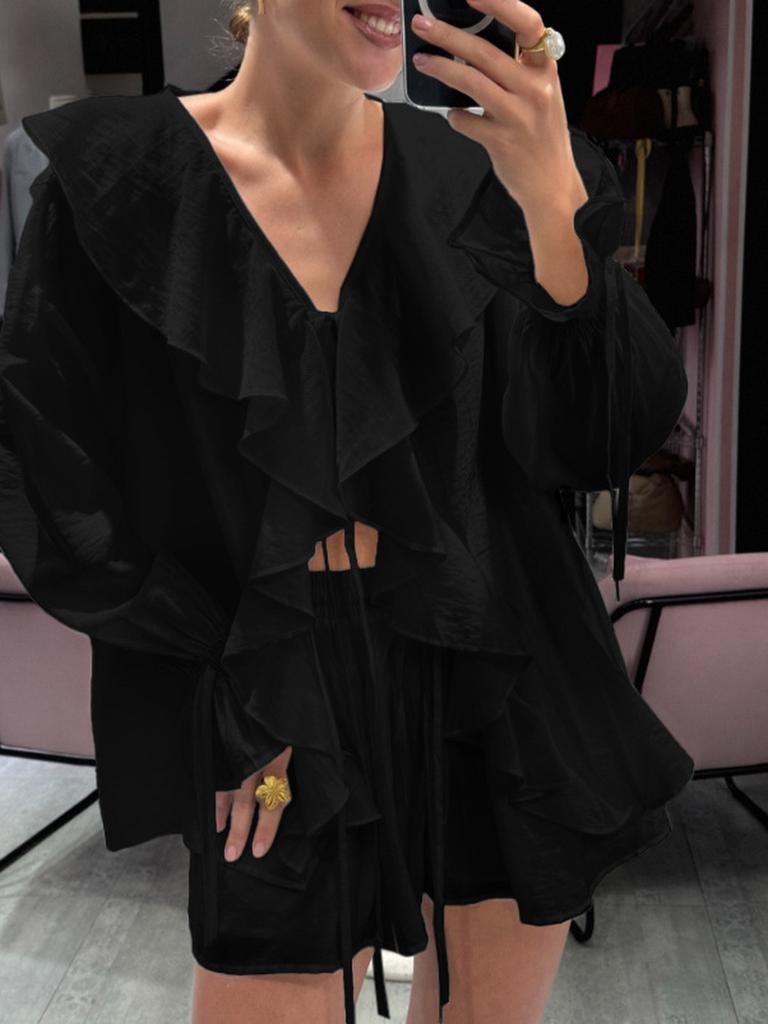 Spring Autumn French Sweet Loose Ruffles Lace Collar Two Piece Set Women's Outfit