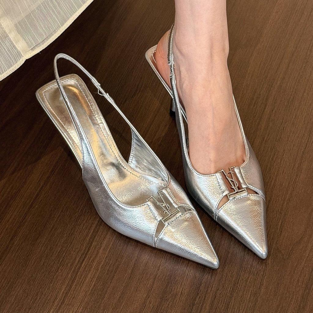 Spice girl Tiancai! Premium silver pointed stilettos women's spring and summer light mouth back empty sandals black Lycra black