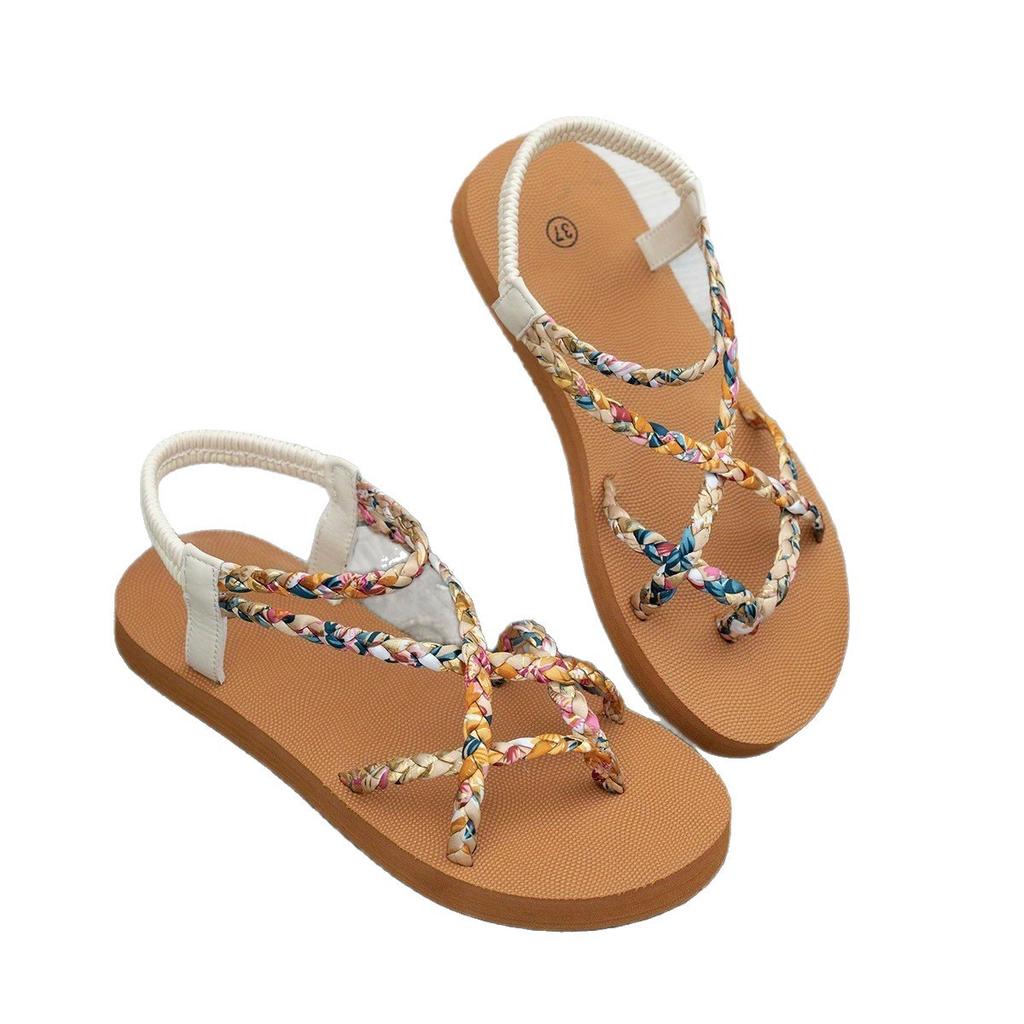 Fashion Floral Printing Flat Sandals for Women Summer 2025 Lightweight Slip On Beach Shoes Woman Braided Band Bohemian Sandalas Mujer