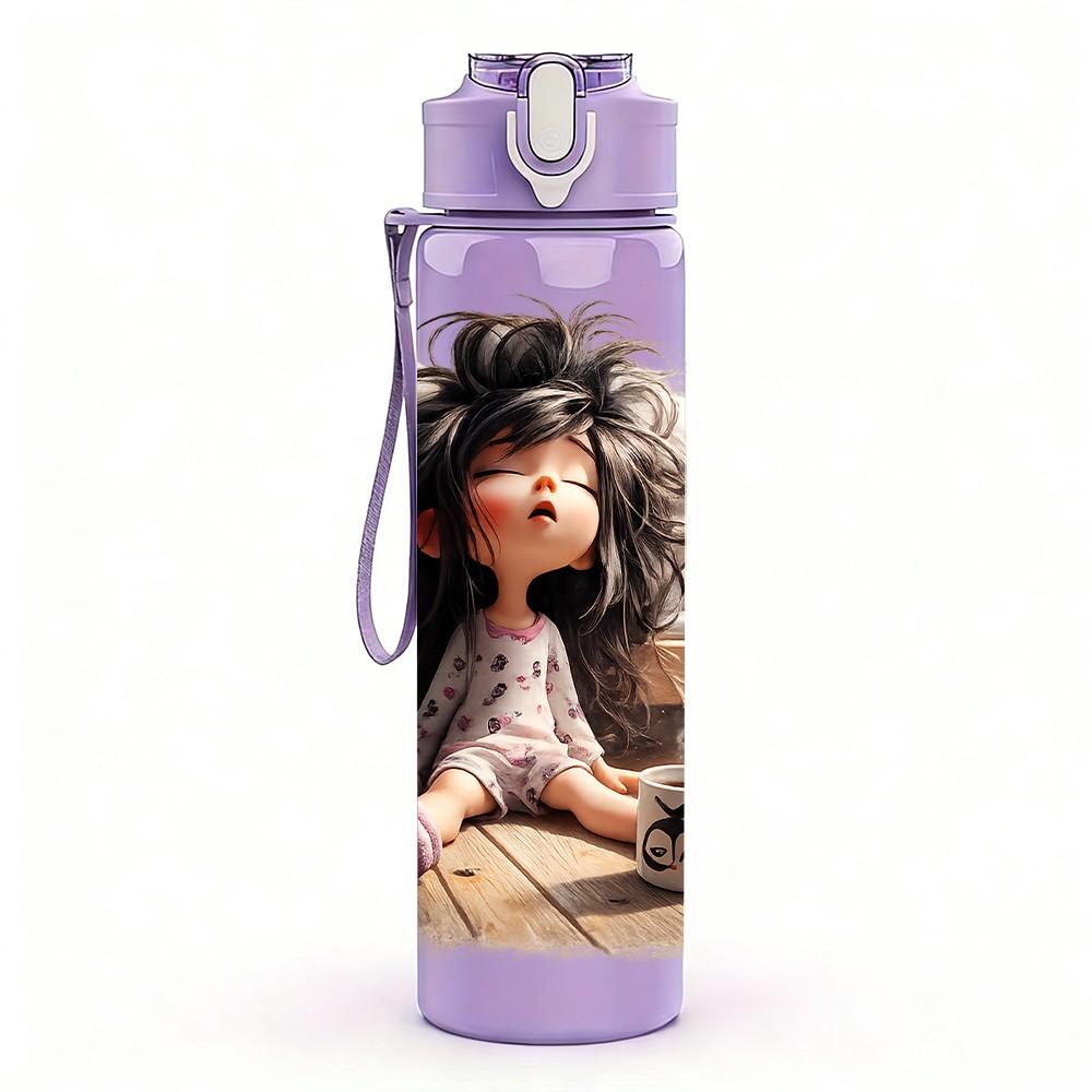 1PC Doll Toy Girl Soft Cartoon Print 750ml Color Plastic Sports Water Bottle Leakproof Flip Straw Lid Suitable for Sports Office Home Use