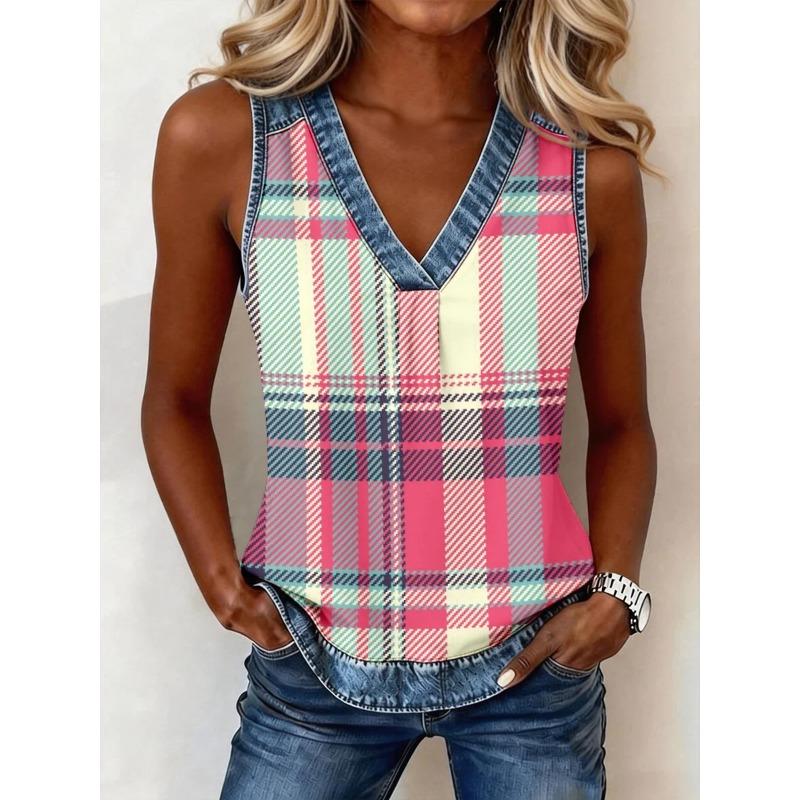 Women s Plaid Patchwork Denim Top Loose Fit S
