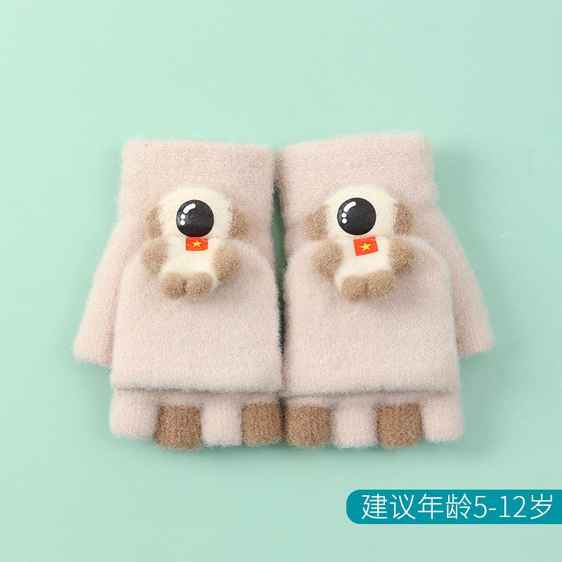 Xuehuaxiu Children's Gloves Cute Cartoon Astronaut Half Finger Flip Student Warm Knitted Gloves Wholesale