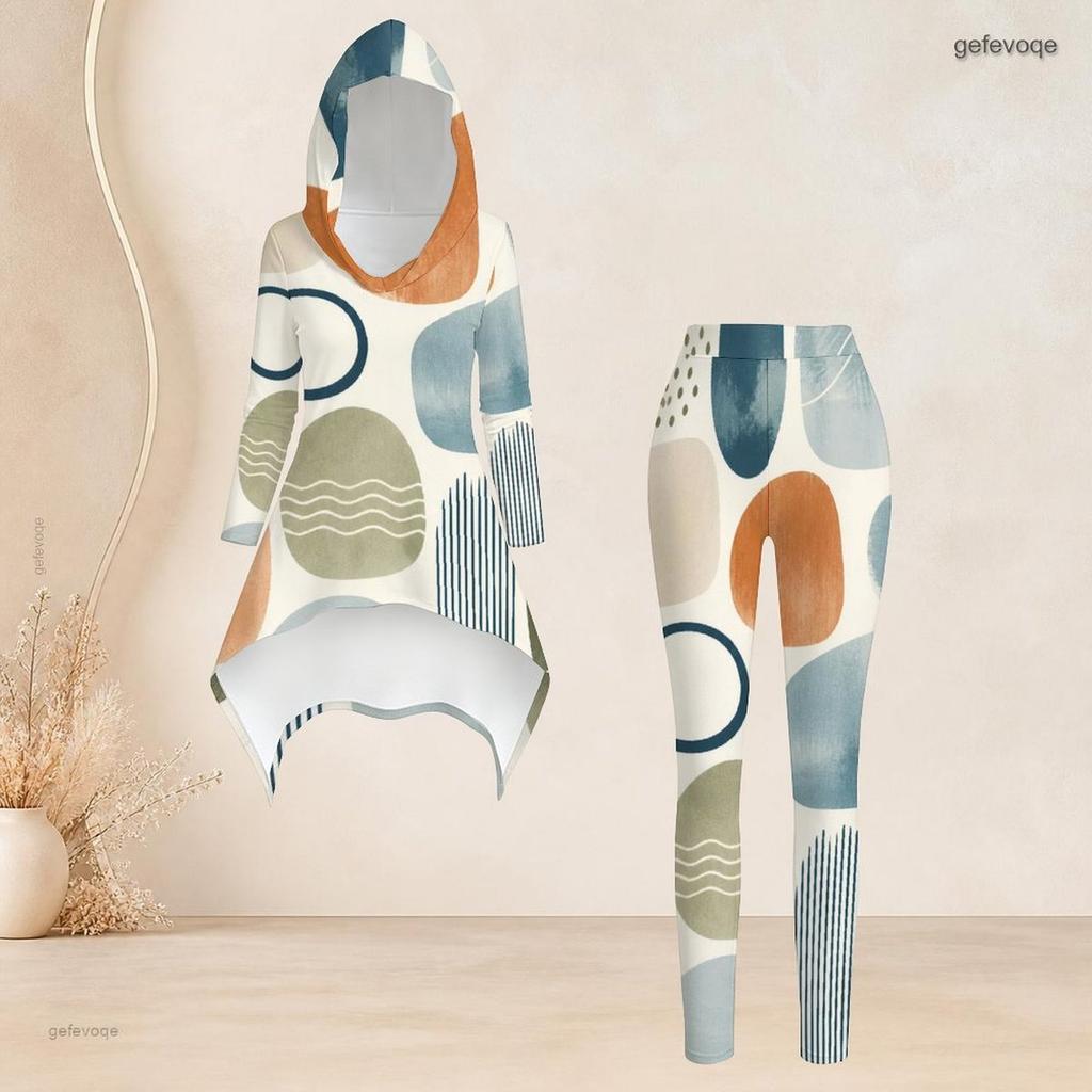 Women Plus Size Hooded Long Sleeve Printed High Low Top Fitted Pants Two Piece Set