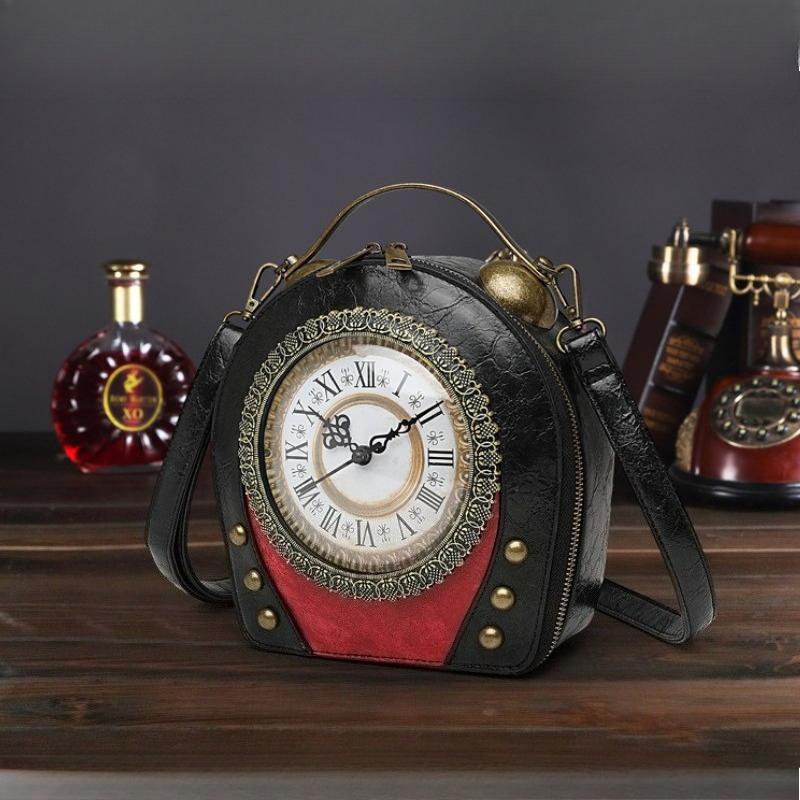 European American Personalized Retro Clock Ladies Handbag High Quality PU Material Antique Shoulder Bags Rivet Dial Design Women's Diagonal Span Bag