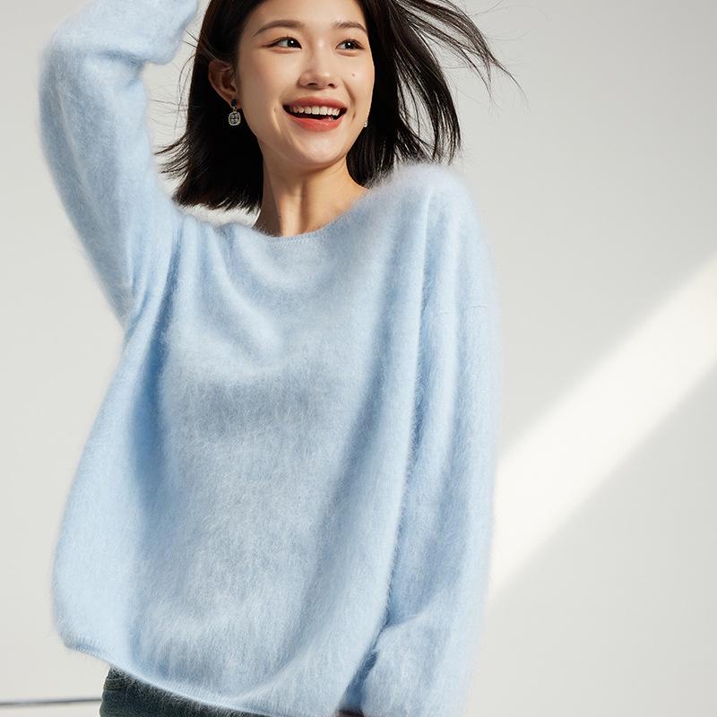 

Бесшовный женский бархатный цельный кашемировый вязаный свитер с круглым вырезом One Size