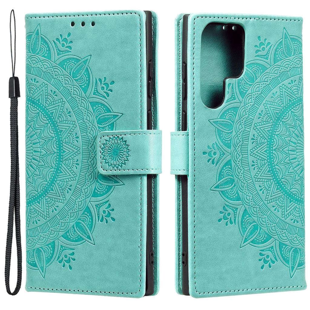 For Samsung Galaxy S24 Ultra Case PU Leather Mandala Flower Stand Cover with Strap
