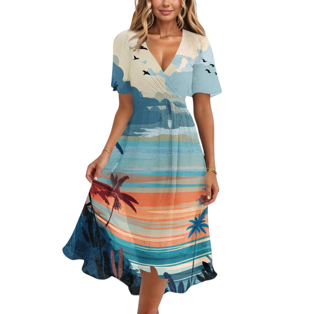 Vestito Casual da Donna con Scollo a V a Maniche Corte, Stampa Hawaiana, Lunghezza Midi, Estivo da Spiaggia, con Vita Elastica e Tessuto Leggero