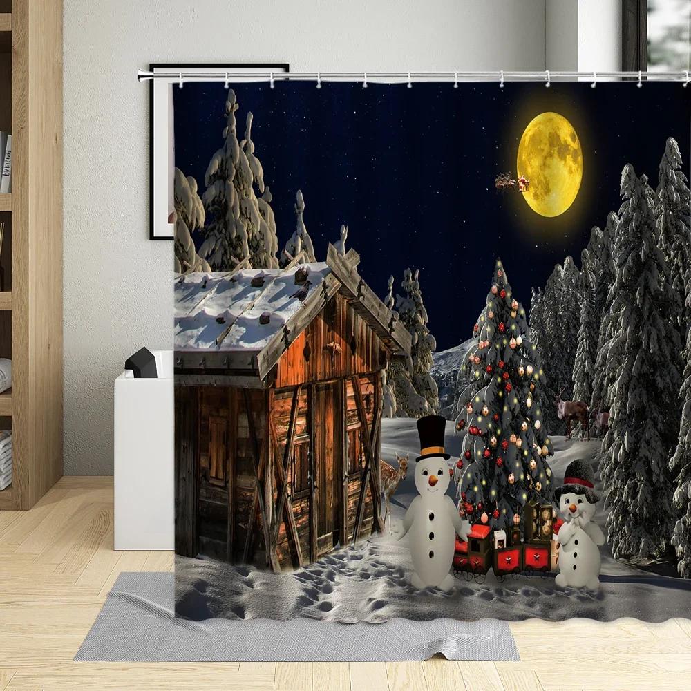 Merry Christmas Shower Curtain Xmas Tree Socks Elk Wooden House Snowman Winter Festival Decor Wall Cloth Bathroom Curtains Sets