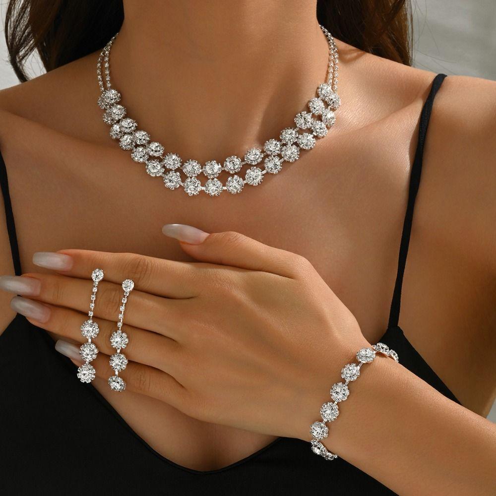 Fashion Shining Jewelry Set Inlay Rhinestone Clavicle Chain Elegant Bracelet  Wedding Engagement