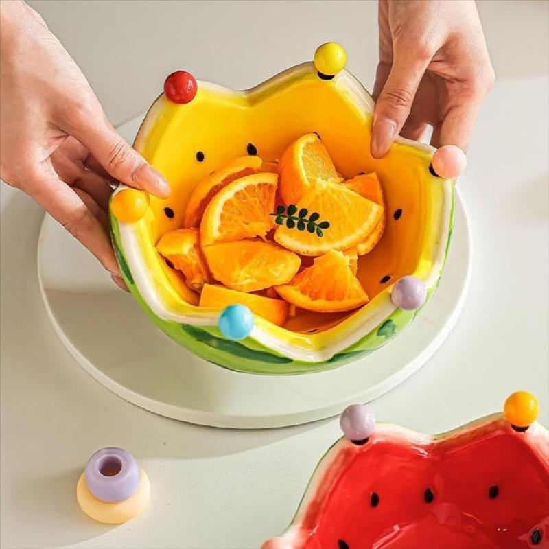 Ceramic Watermelon Snacks Platter Includes 6 Stainless Steel Fruit Forks Tableware For Family Gatherings Barbecues