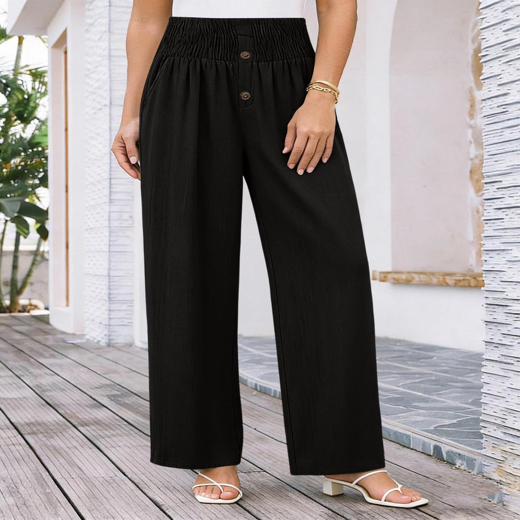 Women's High Waisted Linen Wide Leg Pants Cotton Linen Blend Wide Leg Trousers With Elastic Waistband Casual Button Down Pants