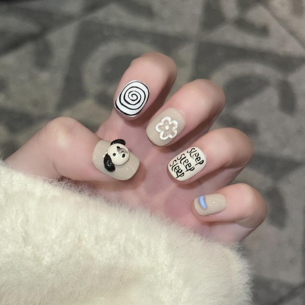 Daily Short Wearable Nail Pieces Cute Hand-painted Bow Hello Puppy Three-dimensional Relief Manicure Finished Product Can Be Detached