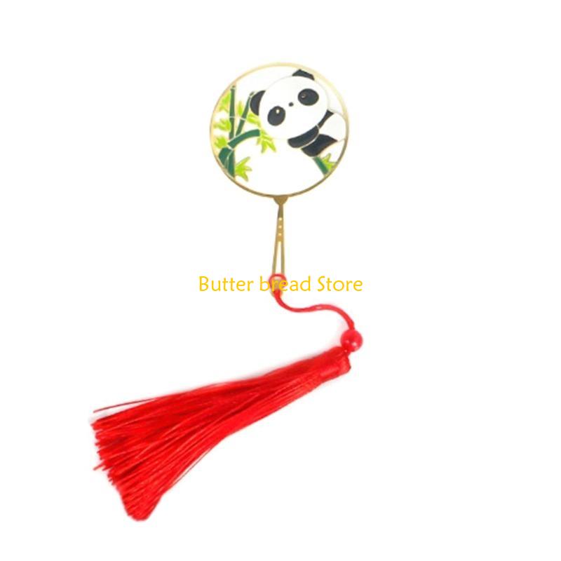 W89C Chinese Metal Bookmarks with Tassel/Pendants Cartoon Reading Panda for Book Lovers Unique Gifts