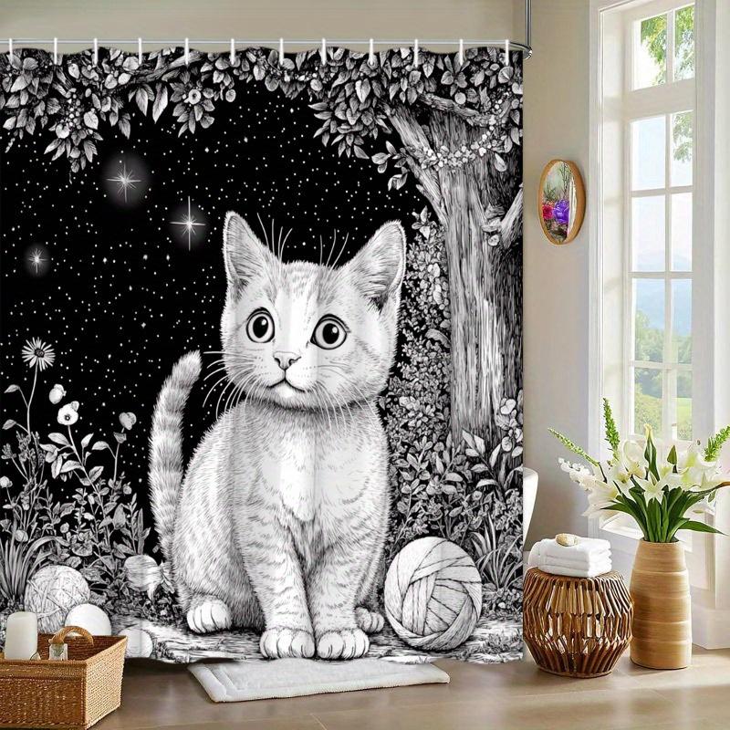 

1pc Whimsical Shower Curtain - Wide-Eyed Kitten, Starry Night Garden, Dense Foliage, Soft Night Sky,Polyester, Washable W90XH180cm