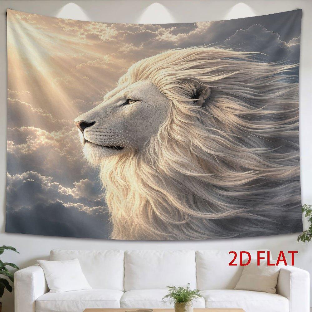 1pc Tapestry White Lion Profile Facing Dawn, Majestic Amidst Cloudscape, Embodiment of Regal Grace And Serene Power