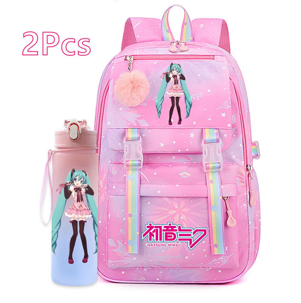 2 st/set Söt Hatsune Miku-tryckt Ryggsäck med 750 ml Vattenflaska för Tonårsflicka Pojke Skolväska Stor Kapacitet Vattentät Resväska Gåva